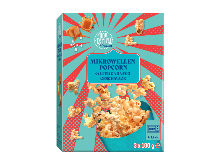 Scatola di popcorn per microonde al gusto di caramello salato, 3x100g.