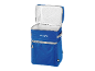 Zaino frigo blu aperto con interno bianco e motivo esagonale