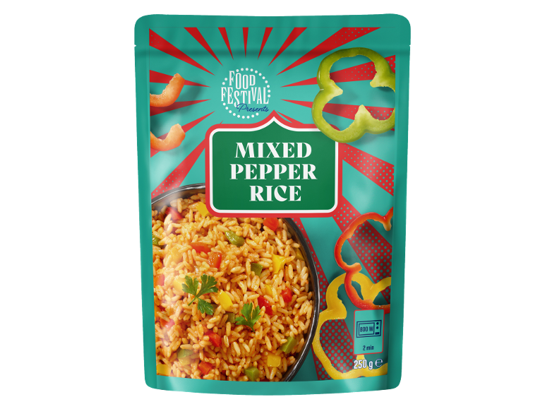 Confezione di riso ai peperoni misti, pronto per microonde, 250g.