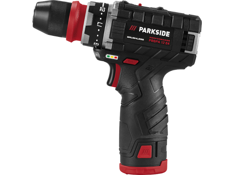 Trapano/avvitatore a batteria con corpo nero e rosso e la scritta 'BRUSHLESS PERFORMANCE'.