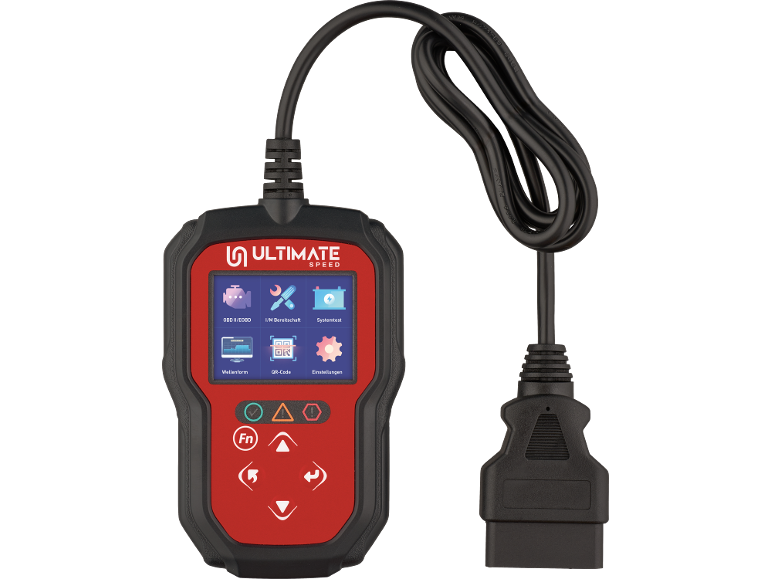 Strumento diagnostico per auto con schermo che mostra le opzioni OBD II/EOBD, Systemtest e Impostazioni.