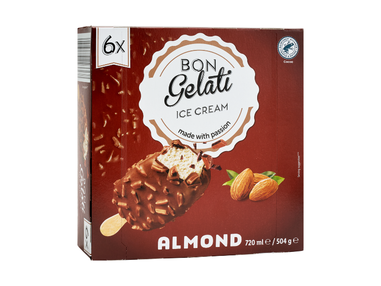 Scatola di gelati alle mandorle da 6 pezzi, con la scritta 'made with passion'.