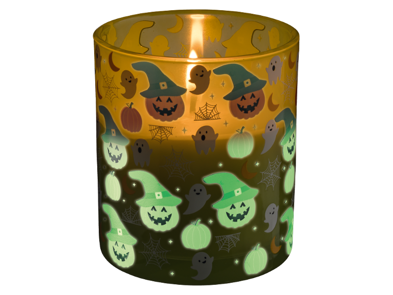 Candela di Halloween con zucche, fantasmi e ragnatele che si illuminano al buio.