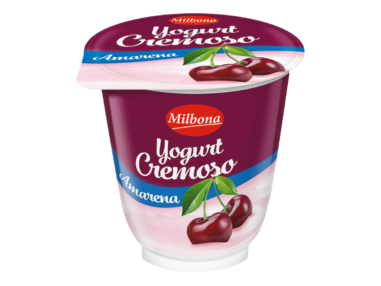Yogurt alla ciliegia in confezione viola con la scritta 'Yogurt Cremoso Amarena'