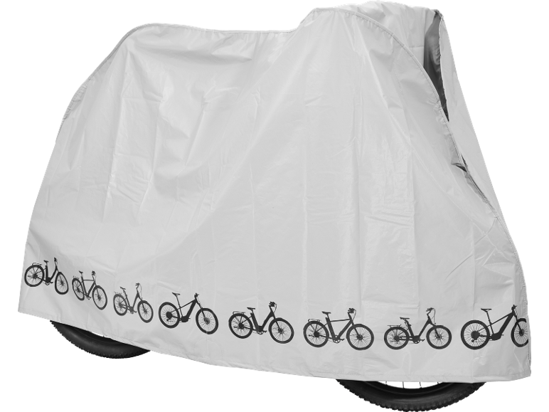 Telo protettivo bianco per bicicletta con motivi di biciclette nere.