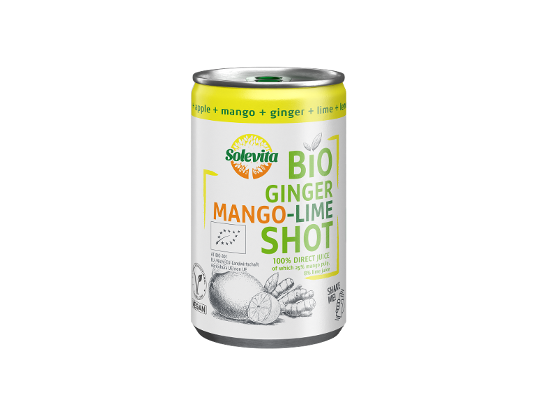 Bevanda zenzero, mango e lime con 100% succo diretto, biologica e vegana.