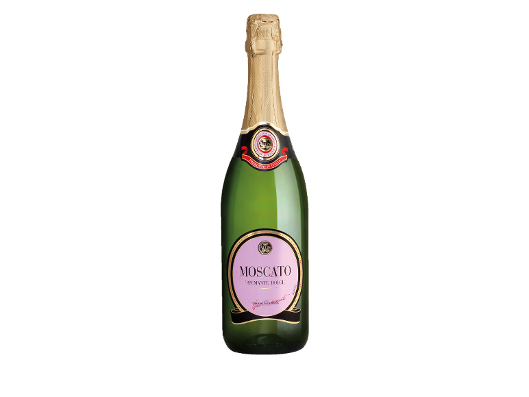 Bottiglia di spumante Moscato Spumante Dolce con etichetta rosa e dettagli dorati.