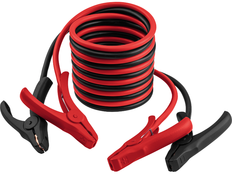Cavi di avviamento rossi e neri con morsetti su sfondo nero.