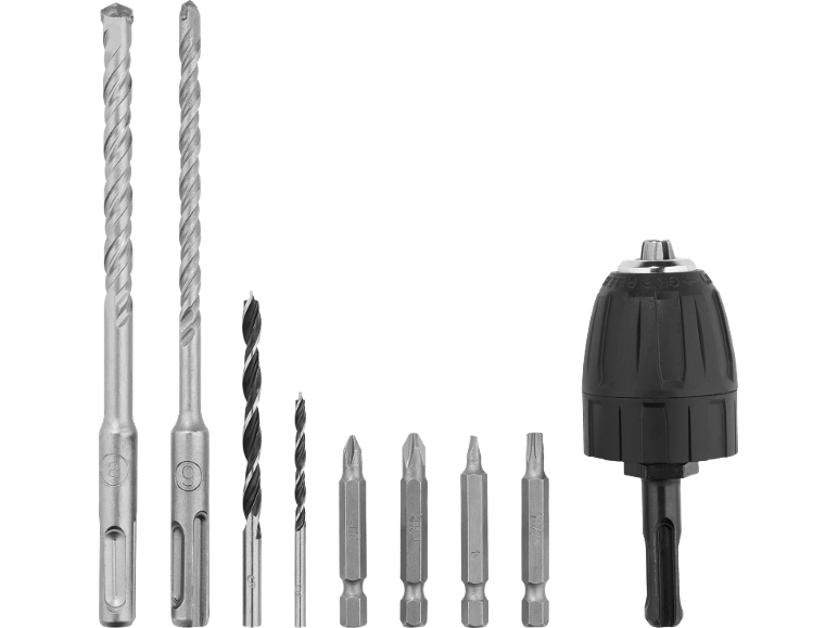 Set di punte da trapano per cemento e legno, inserti per avvitatore e mandrino.