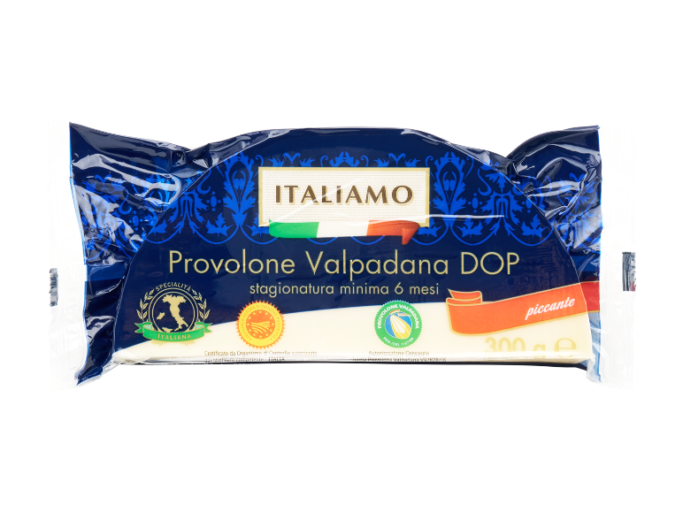 Confezione di formaggio Provolone Valpadana DOP, stagionatura minima 6 mesi, gusto piccante.