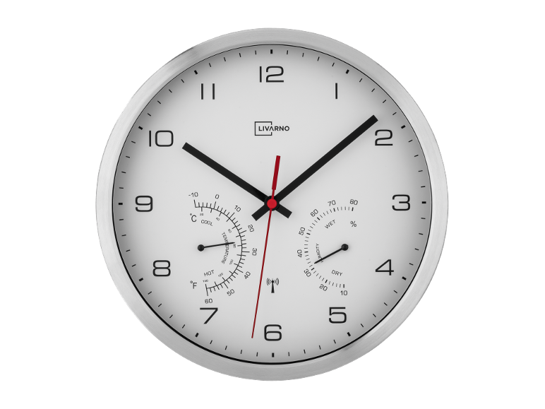 Orologio da parete rotondo con termometro e igrometro, quadrante bianco, numeri e lancette neri
