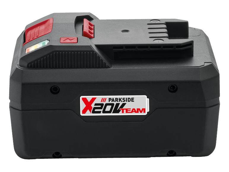 Batteria per utensile elettrico con indicatore di carica e logo X20V Team.