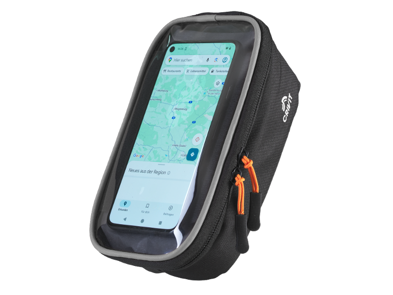 Borsa da bici nera con tasca trasparente per smartphone che mostra una mappa.