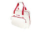 Borsa da trasporto bianca con manici e cerniere rosse.