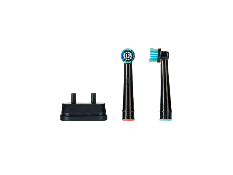 Due testine per spazzolino elettrico con setole blu e un supporto nero.