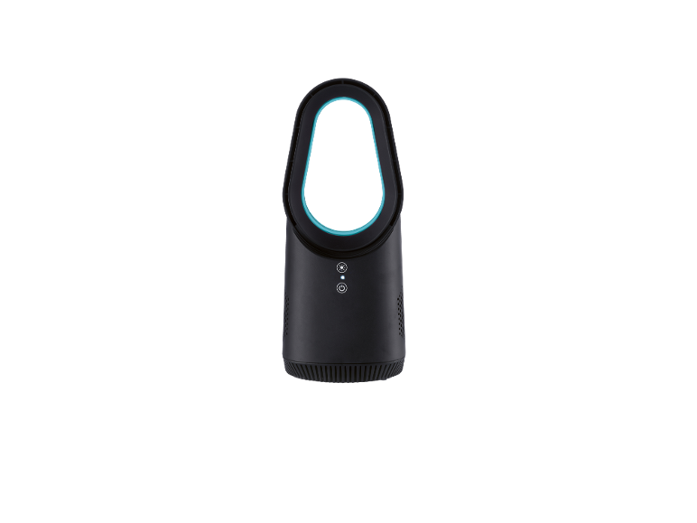 Ventilatore portatile nero senza pale con luce blu e icone bianche.