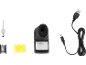 Set per saldatura con saldatore, filo di stagno, spugna e cavo di ricarica USB.