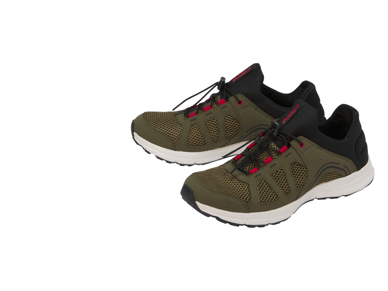 Un paio di scarpe sportive in mesh verde oliva con dettagli rossi e neri.