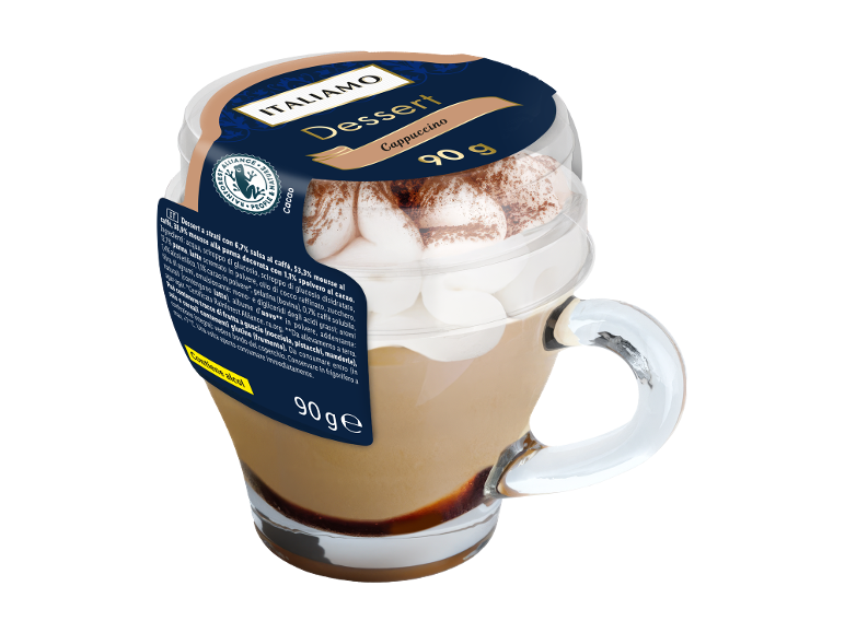Dessert cappuccino in tazza con panna montata e cacao in polvere, 90g.