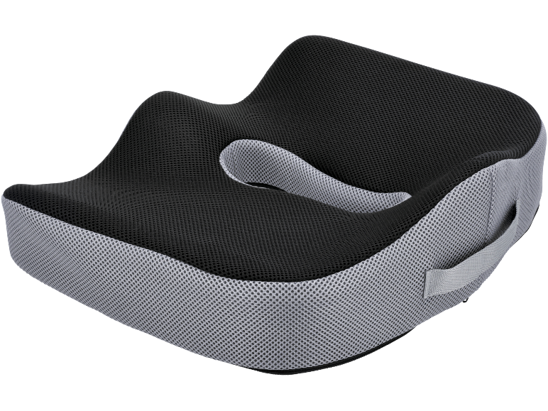 Cuscino ergonomico per sedile in tessuto a rete nero e grigio.
