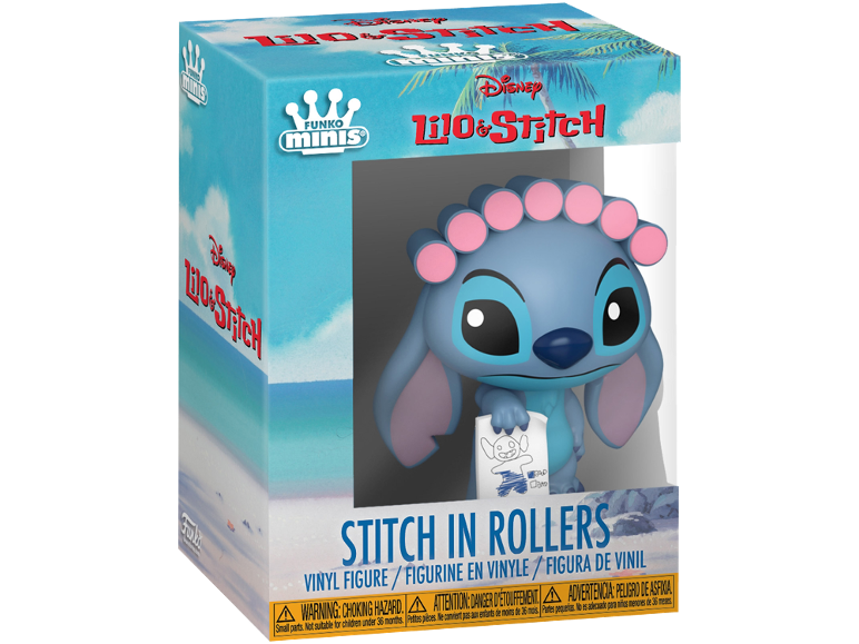 Stitch in vinile con bigodini, che tiene un disegno, in una scatola a tema spiaggia.