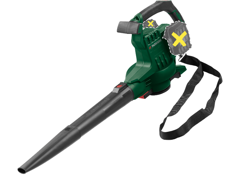 Soffiatore per foglie a batteria con tracolla e due batterie.