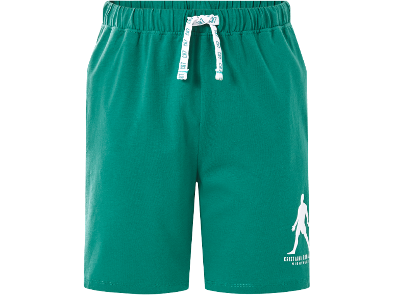 Pantaloncini pigiama verdi con coulisse bianca con testo e silhouette di uomo.