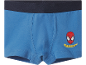 Boxer blu per bambini con design a maschera di supereroe e scritta gialla.