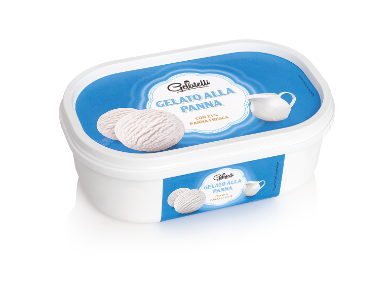 Confezione di gelato alla panna con due palline di gelato e una brocca di panna.