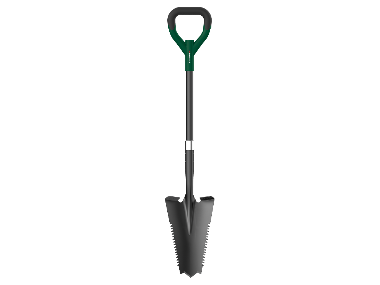 Pala da campeggio con manico verde e lama seghettata