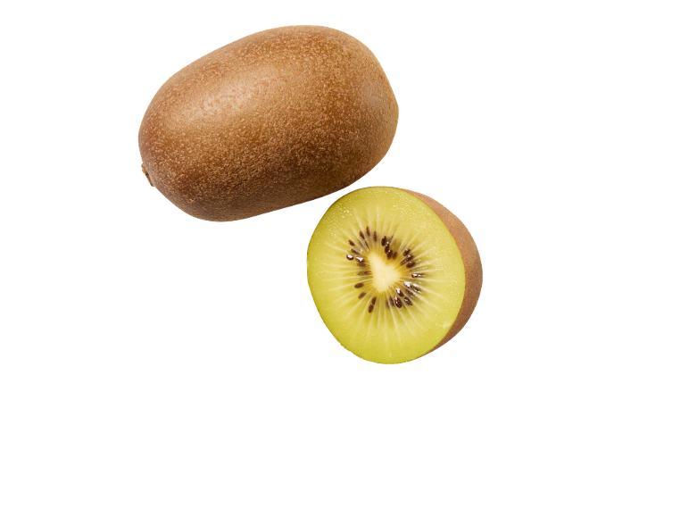 Kiwi dorato intero e tagliato a metà con polpa gialla e semi neri su sfondo nero.
