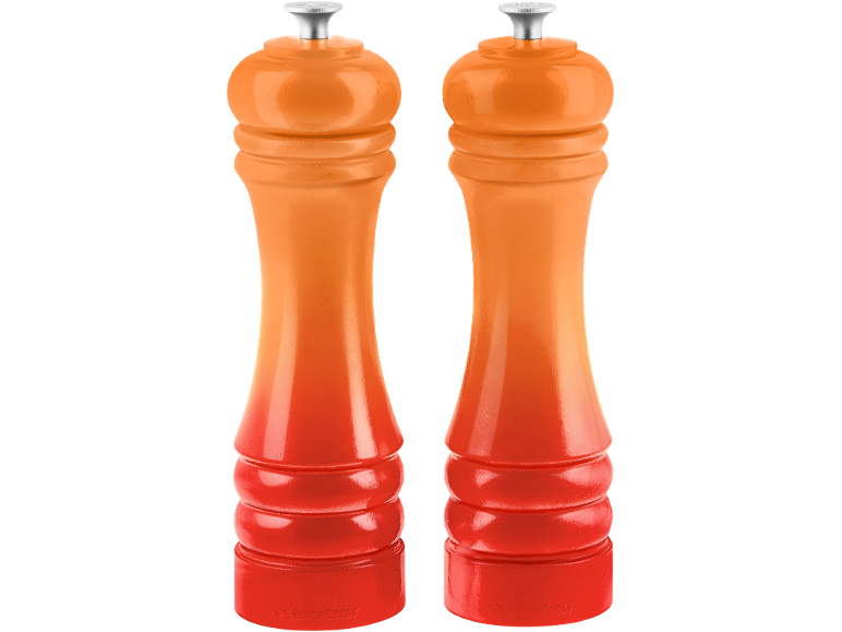 Due macina sale e pepe con gradiente arancione-rosso.