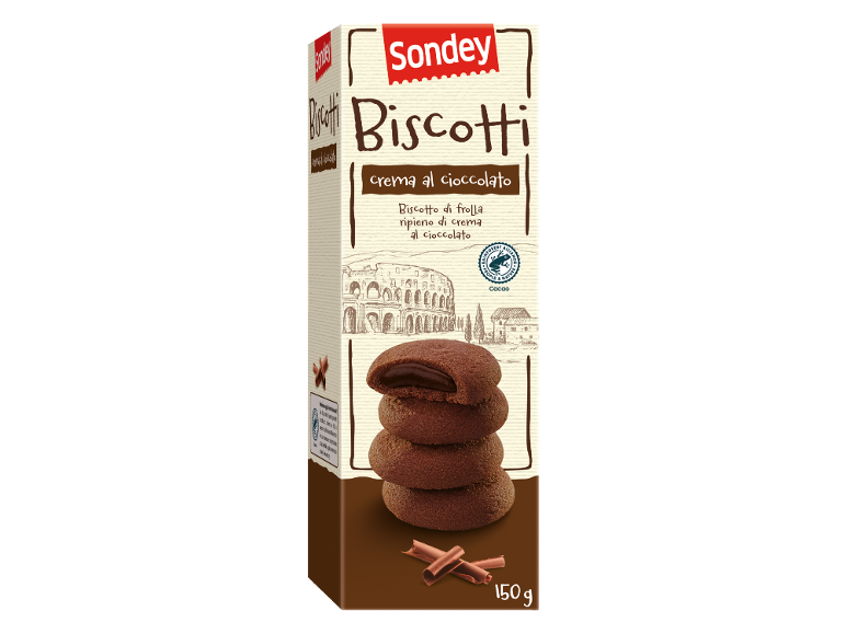Biscotti crema al cioccolato, 150g, con certificazione cacao Rainforest Alliance.