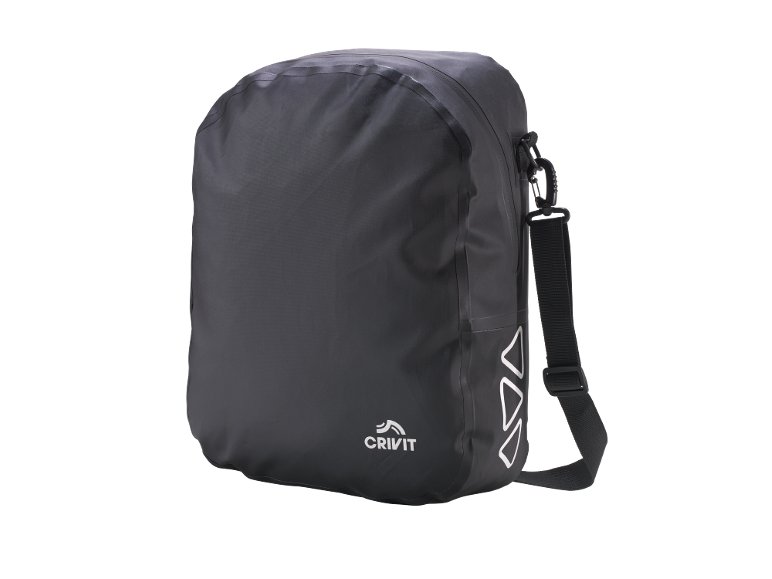 Borsa da viaggio impermeabile grigia con logo bianco e dettagli riflettenti.