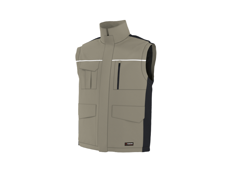Gilet da lavoro da uomo beige con strisce riflettenti e tasche.