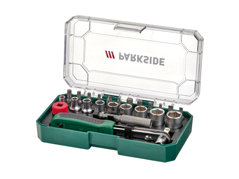 Set di attrezzi con cricchetto, inserti e cacciavite in una custodia verde, con 'BVBKAIDE' sul coperchio.