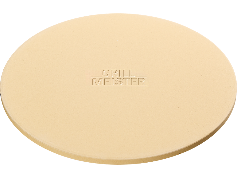 Pietra per pizza rotonda in ceramica con la scritta 'GRILL MEISTER'.