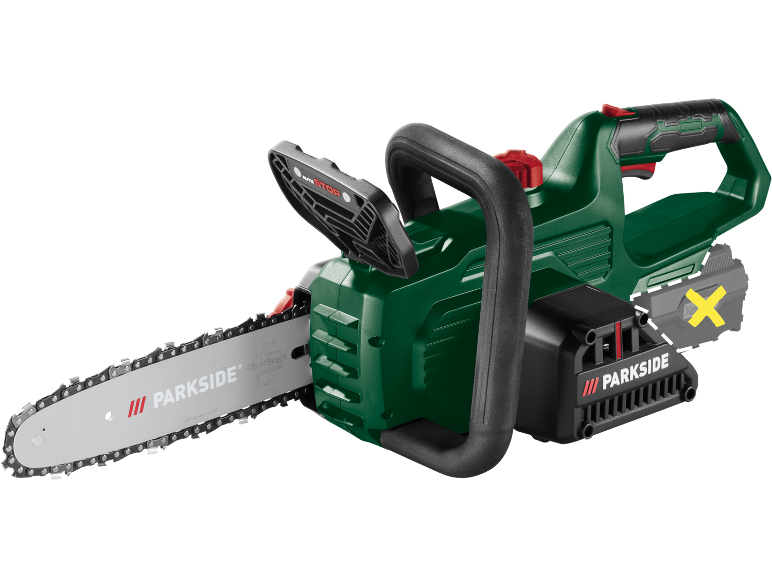 Motosega a batteria con protezione anti-contraccolpo e arresto automatico