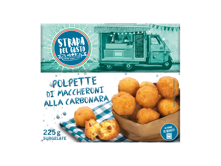 Polpette di maccheroni alla carbonara surgelate, 225 g, pronte in 10 minuti al forno.