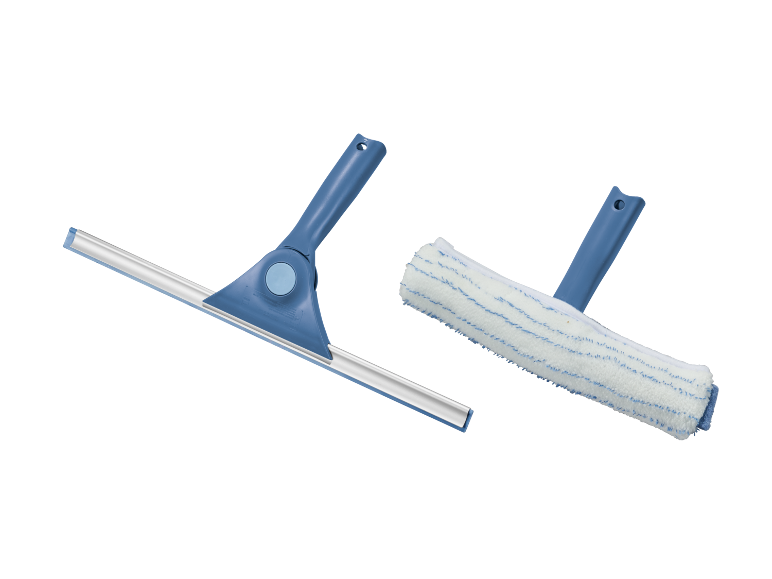 Tergi-vetro e applicatore per la pulizia delle finestre blu.