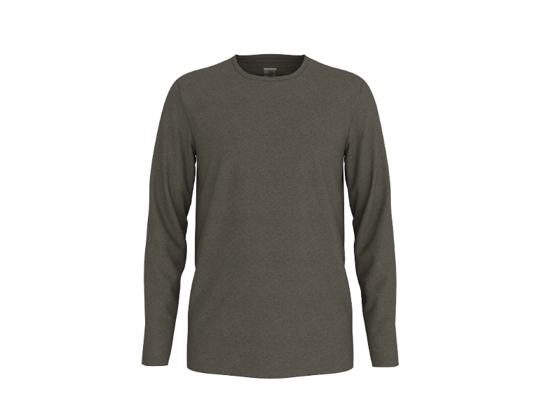 T-shirt da uomo a maniche lunghe color kaki su sfondo nero.