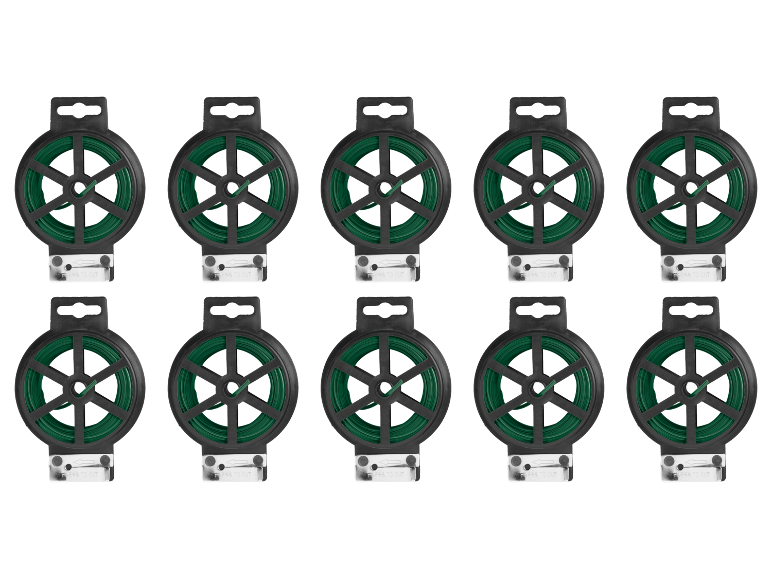 Dieci bobine di filo da giardino verde con taglierino su sfondo nero.