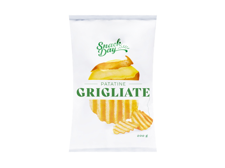 Busta di patatine ondulate con la scritta 'Snack Day Patatine Grigliate' e '200 g'.