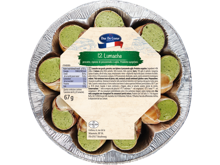 Lumache precotte con ripieno di prezzemolo e aglio in una vaschetta di alluminio, con informazioni nutrizionali e ingredienti.