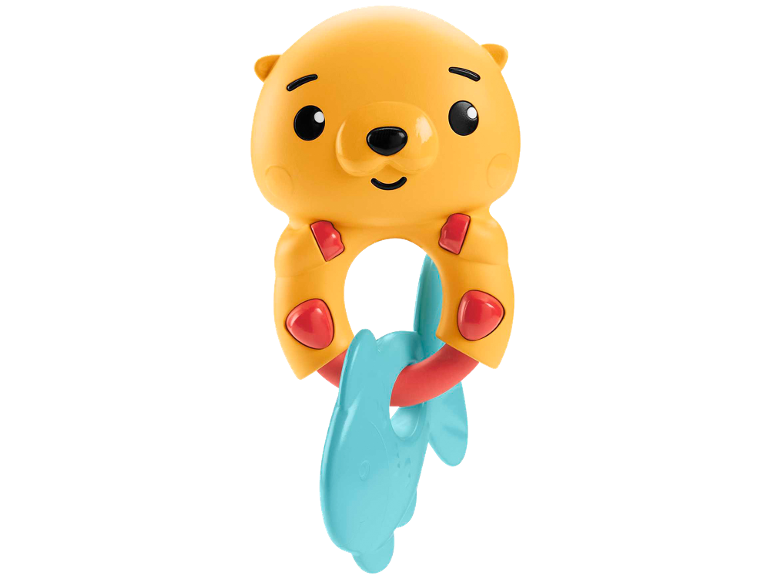 Sonaglio giallo a forma di orso con anello rosso e pesce blu.