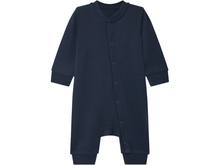 Tutina neonato blu navy con bottoni sul davanti.