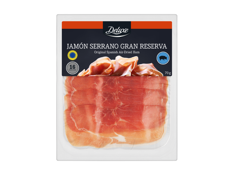 Una confezione da 70g di prosciutto Serrano Gran Reserva stagionato all'aria, stagionato 16 mesi.
