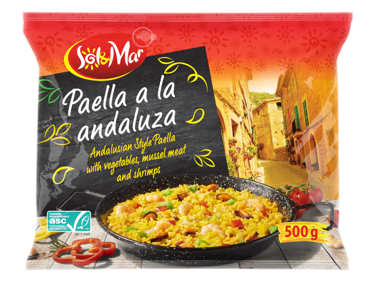 Paella alla andaluza con verdure, carne di cozze e gamberi, 500g