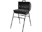 Barbecue a carbonella nero con coperchio e griglia di cottura, su un supporto a quattro gambe.