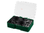 Set di seghe a tazza in una custodia verde con seghe di varie dimensioni e punte da trapano.
